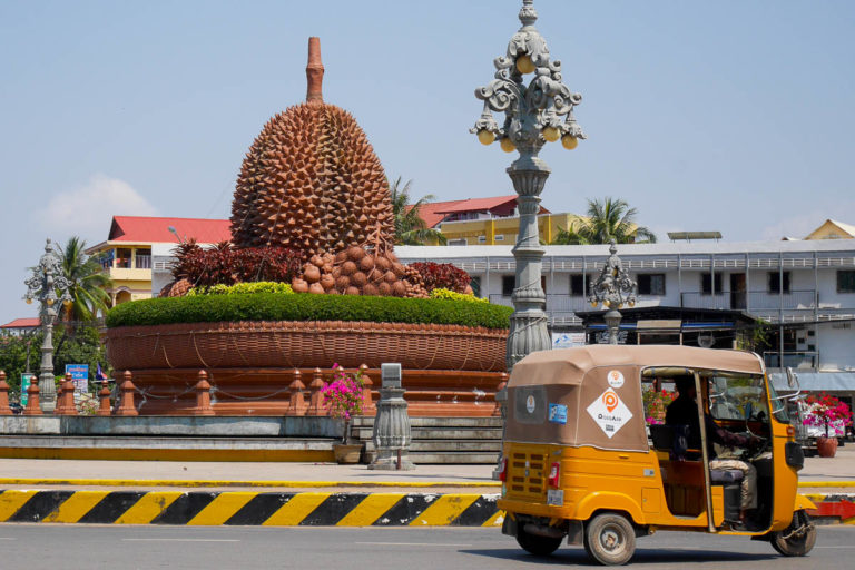 Olbrzymi durian stoi na środku ronda w Kampot